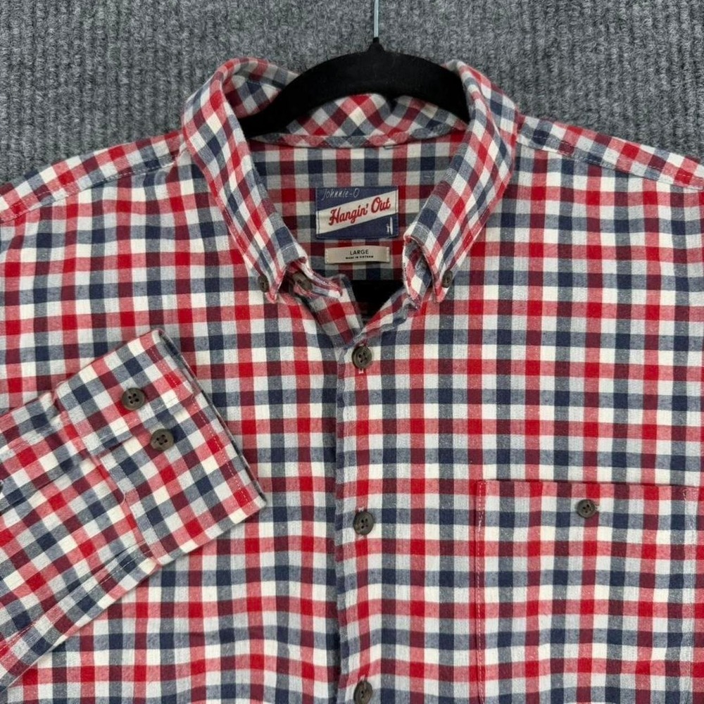 Johnnie-O Hangin' Out men's large red blue gingham button down shirt cotton